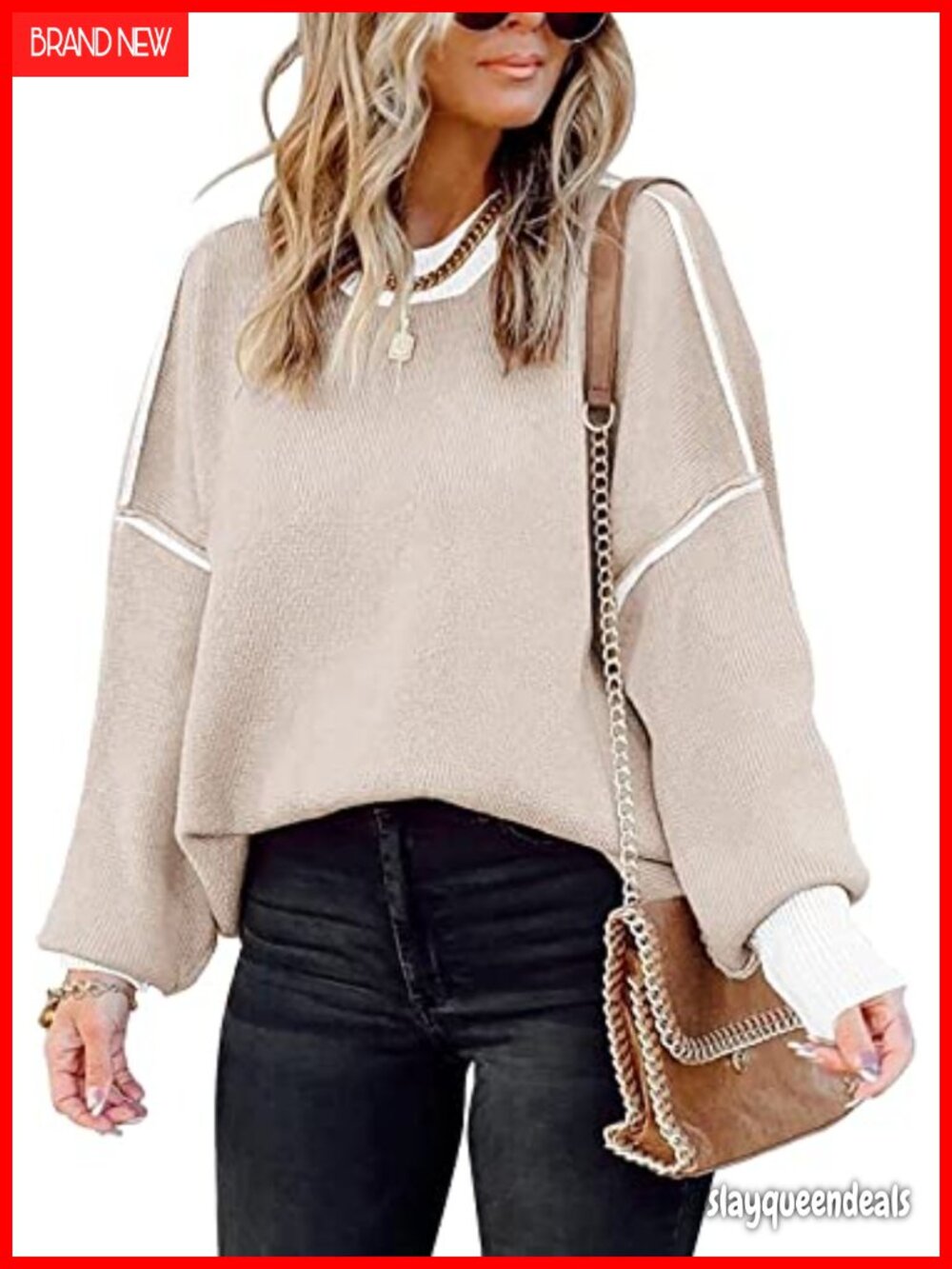 Womens Oversized Viscose Nylon Sweater Colorblock Knit Tunic Pullover